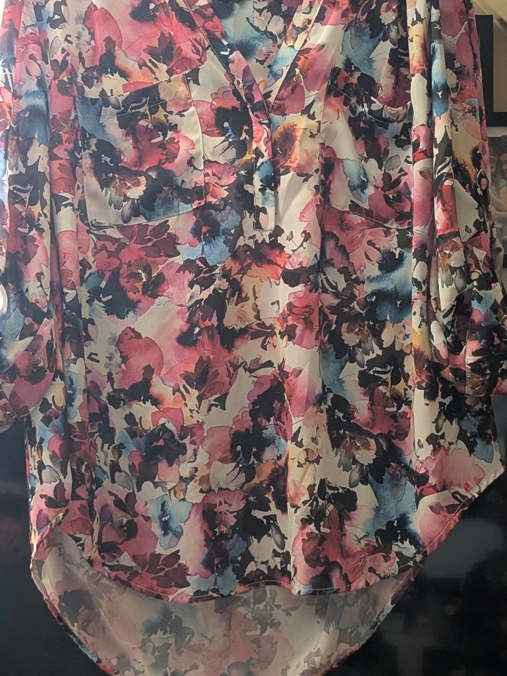 Watercolor Floral V-Neck Blouse - Pink & Blue